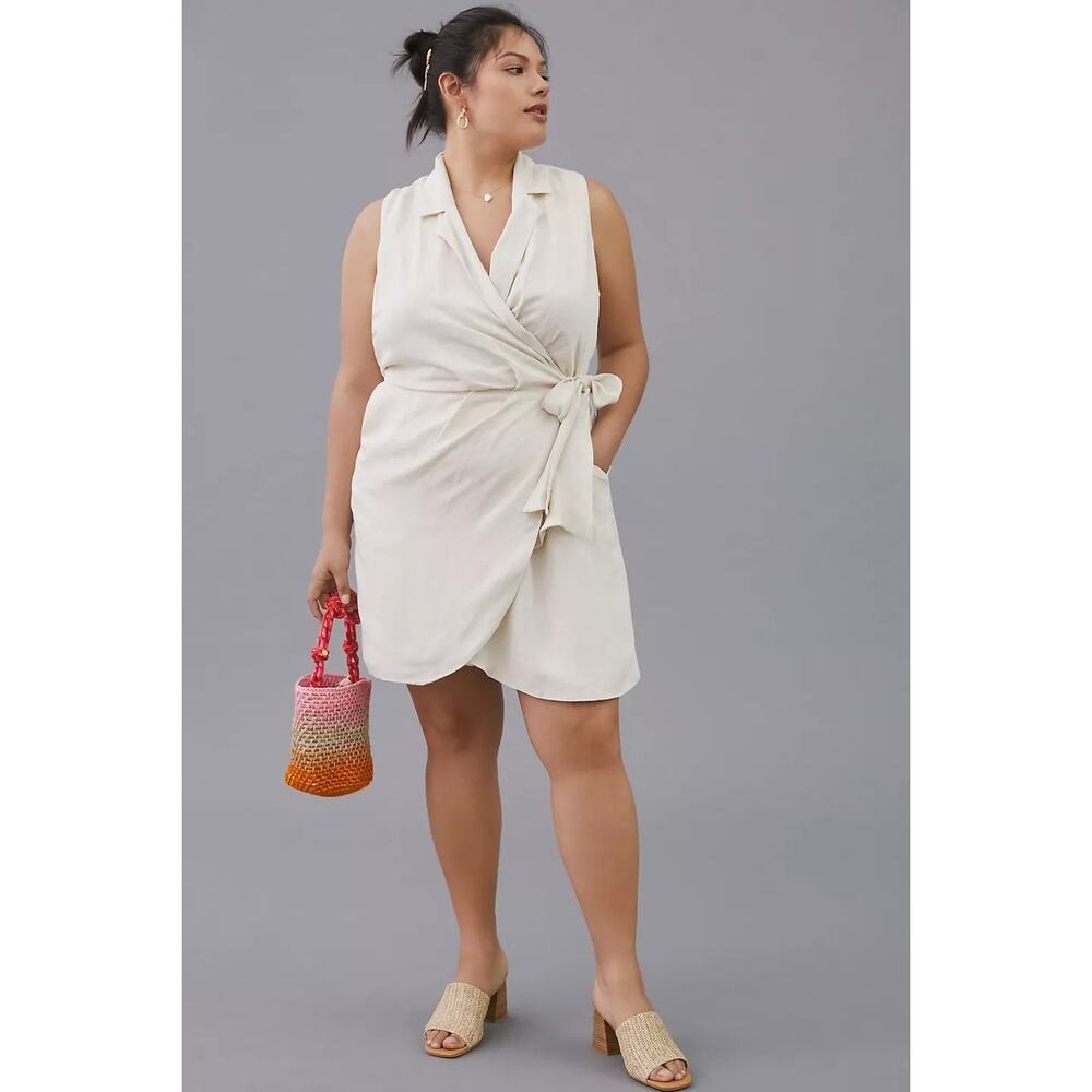 New By Anthropologie Linen Wrap Mini Dress $160 X-SMALL Vanilla